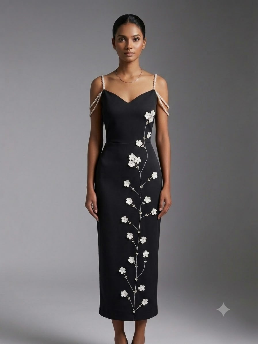 Valentina Pearl Straps Midi Dress