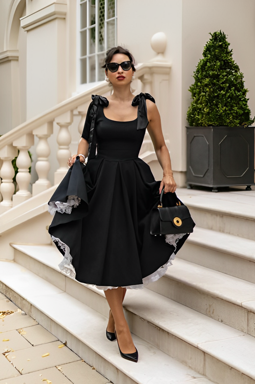Bow Frill Black Dress